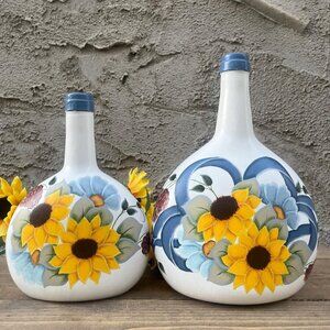 Vintage Hand Painted Sunflower Demijohn Vase Set
